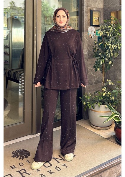 Kadın Taşlı Tünel Detaylı Takım 41448 - Kahverengi modelleri