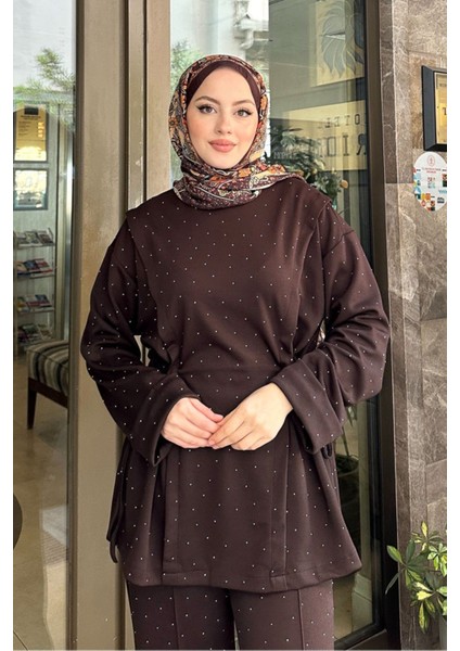 Kadın Taşlı Tünel Detaylı Takım 41448 - Kahverengi