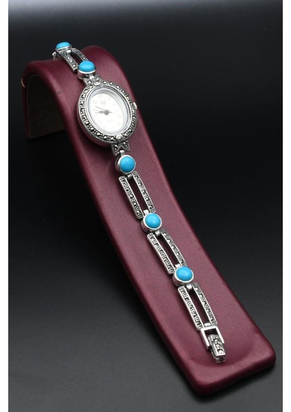 925 Ayar Gümüş Kadın Saati (Kadın Gümüş Saat) Markazit ve Turkuaz Firuze Taşlı 902376