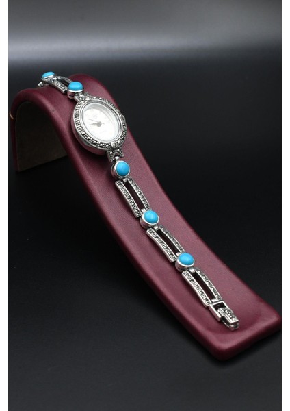 925 Ayar Gümüş Kadın Saati (Kadın Gümüş Saat) Markazit ve Turkuaz Firuze Taşlı 902376 fiyatları