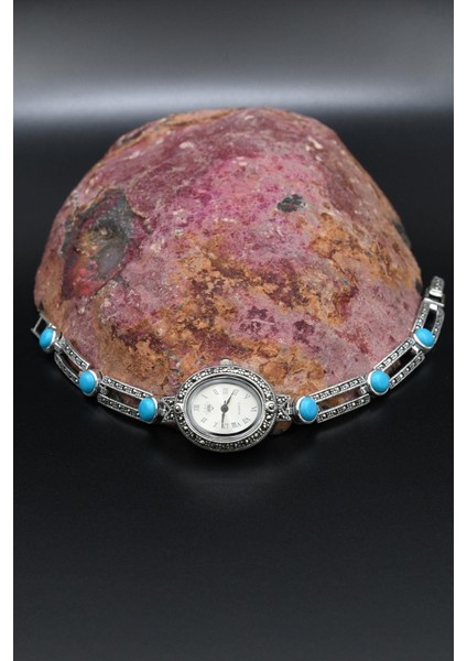 925 Ayar Gümüş Kadın Saati (Kadın Gümüş Saat) Markazit ve Turkuaz Firuze Taşlı 902376 fırsatları