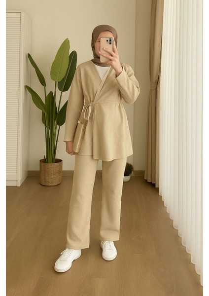 Kadın Yandan Bağlamalı Pensli Keten Takım M2453 - Bej