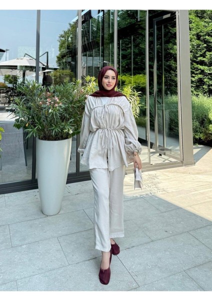Kadın Önden Bağlamalı Büzgülü Takım M41275 - Taş