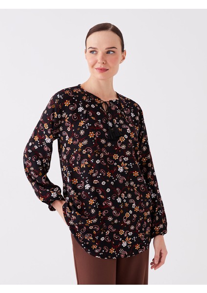 Yeni Sezon Bağlamalı Yaka Çiçekli Uzun Kollu Kadın Bluz