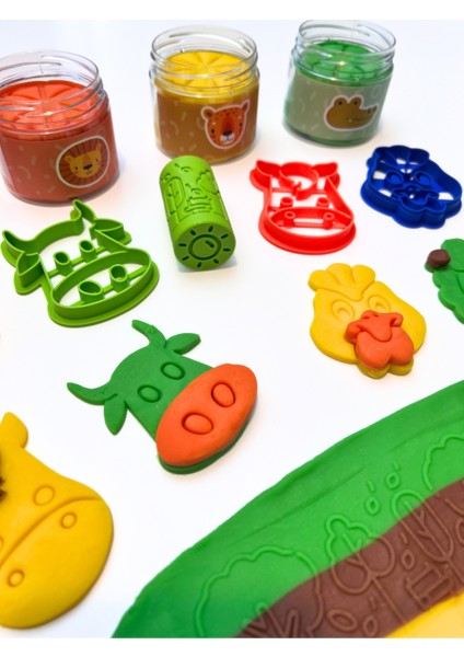 Doğal Oyun Hamuru Çiftlik Temalı Oyun Hamuru Seti -4*150GR, Kalıp, Damga Roller, Ahşap Merdane modelleri