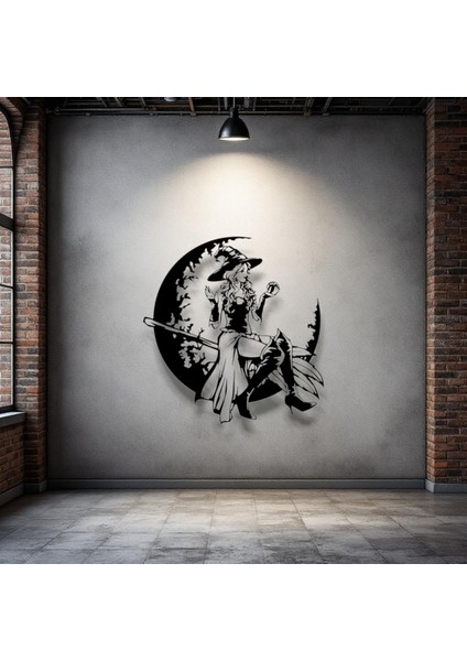 Cadı ve Ay Silüeti Metal Duvar Dekoru – Gotik Sanat ve Halloween Temalı Tasarım