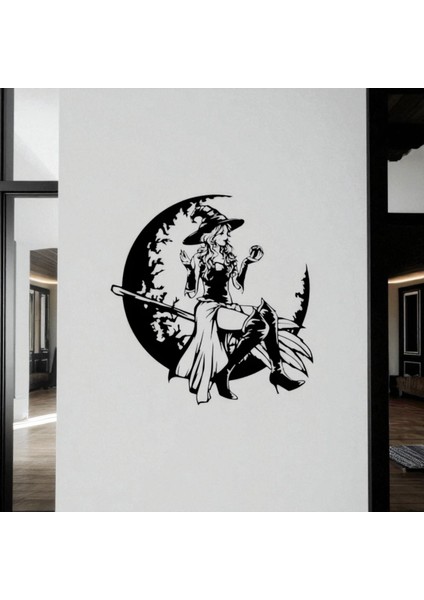 Cadı ve Ay Silüeti Metal Duvar Dekoru – Gotik Sanat ve Halloween Temalı Tasarım fırsatları