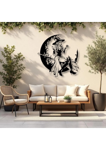 Cadı ve Ay Silüeti Metal Duvar Dekoru – Gotik Sanat ve Halloween Temalı Tasarım