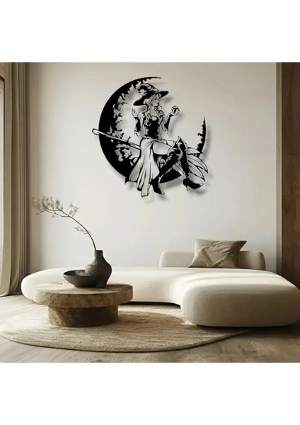 Cadı ve Ay Silüeti Metal Duvar Dekoru – Gotik Sanat ve Halloween Temalı Tasarım
