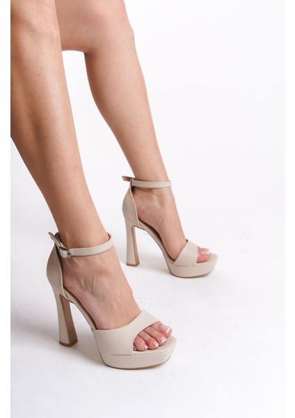 Krem Cilt Kadın Sade Bilekten Tokalı Abiye Orta Kalın Yüksek Klasik Topuklu Ayakkabı