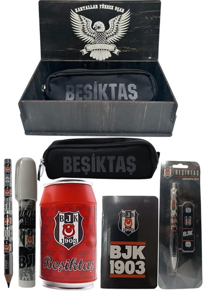 Beşiktaş Orjinal Lisanslı Kırmızı Kutu Kalemtraş Ahşap Kutulu 6'lı Kırtasiye Seti