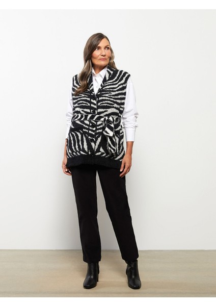 Yeni Sezon Şal Yaka Desenli Kadın Triko Yelek