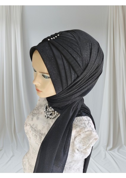 Siyah Simli Zirkon Hazır Türban Hazır Şal Abiye Şal