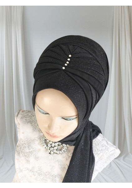Siyah Simli Zirkon Hazır Türban Hazır Şal Abiye Şal fiyatları