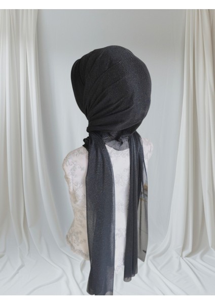 Siyah Simli Zirkon Hazır Türban Hazır Şal Abiye Şal modelleri