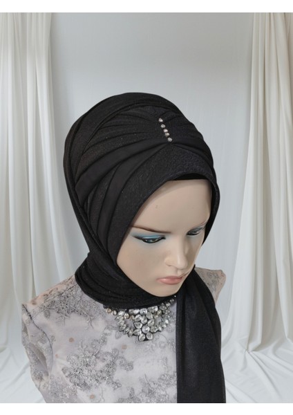 Siyah Simli Zirkon Hazır Türban Hazır Şal Abiye Şal fırsatları