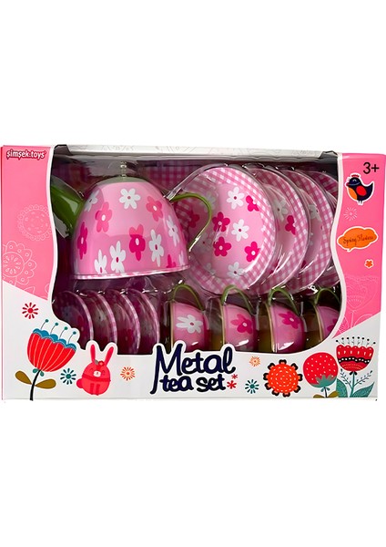 Metal Çay Seti Pembe Çiçek Desen 620 C6