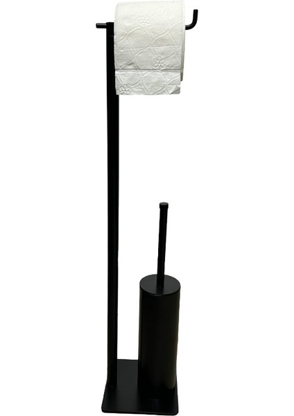 Paslanmaz Çelik Mat Siyah Ayaklı Klozet Fırçası ve Tuvalet Kağıtlığı | 2’si 1 Arada Banyo Aksesuarı