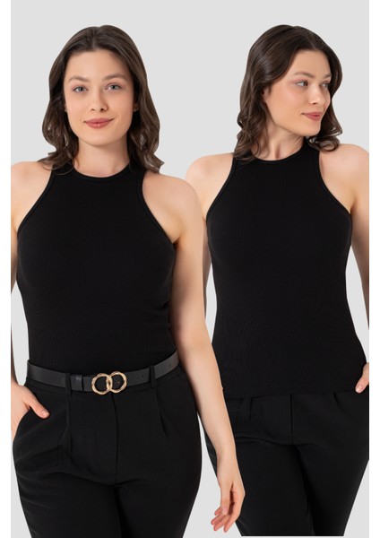 Kadın Pamuklu Fitilli Görünümlü Halter Yaka Basic Siyah Atlet 2'li Paket