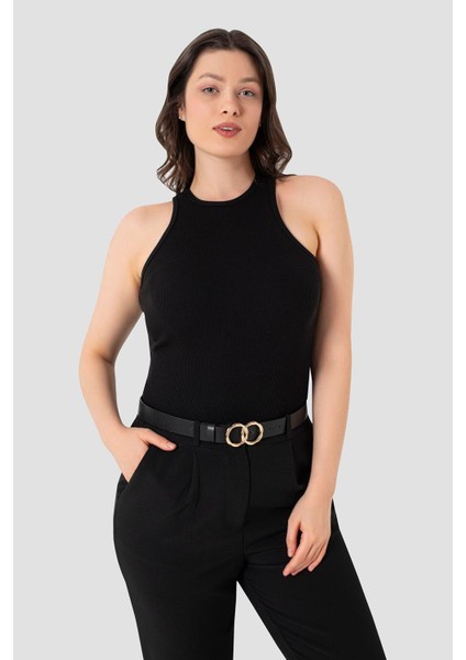Kadın Pamuklu Fitilli Görünümlü Halter Yaka Basic Siyah Atlet 2'li Paket fiyatları