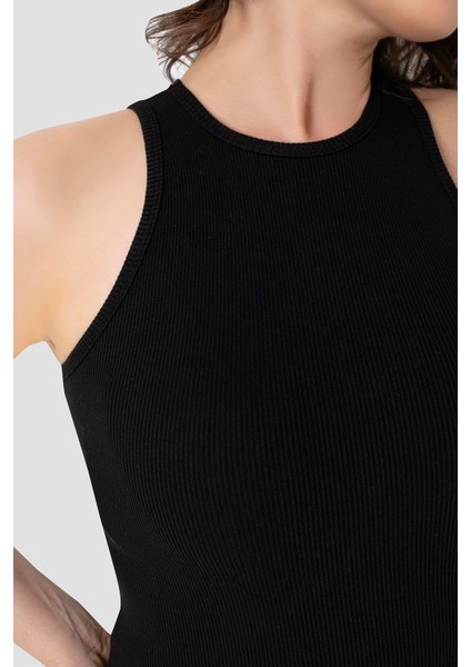 Kadın Pamuklu Fitilli Görünümlü Halter Yaka Basic Siyah Atlet 2'li Paket fırsatları