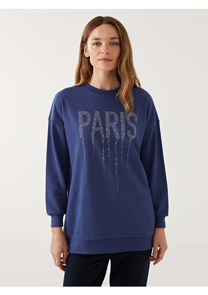 Yeni Sezon Bisiklet Yaka Parlak Taşlı Kadın Sweatshirt Tunik