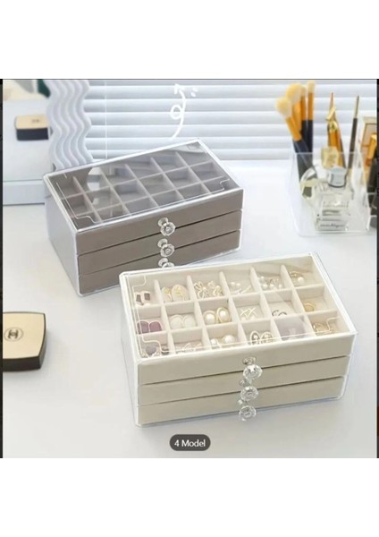 3 Çekmeceli Bölmeli Şeffaf Kadife Mücevher Takı Kutusu Küpe Yüzük Kolye Düzenleyici Organizer fırsatları