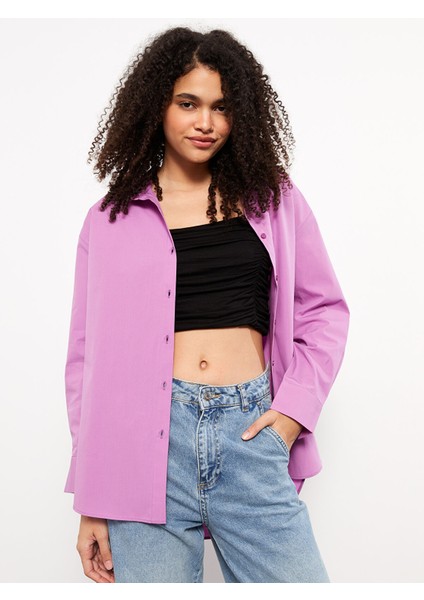 Yeni Sezon Önden Düğme Kapamalı Düz Uzun Kollu Poplin Kadın Gömlek