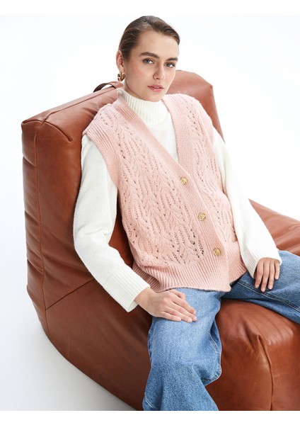 Yeni Sezon V Yaka Kendinden Desenli Kadın Triko Yelek