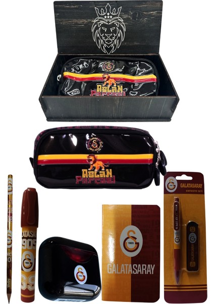 Galatasaray Orjinal Lisanslı Siyah Air Kalemtraş Ahşap Kutulu 6'lı Kırtasiye Seti