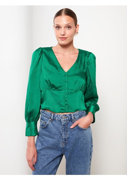 Yeni Sezon V Yaka Düz Uzun Kollu Saten Kadın Bluz