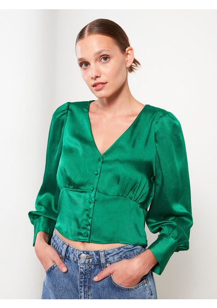 Yeni Sezon V Yaka Düz Uzun Kollu Saten Kadın Bluz fiyatları