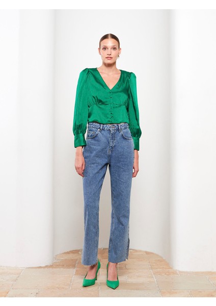 Yeni Sezon V Yaka Düz Uzun Kollu Saten Kadın Bluz modelleri