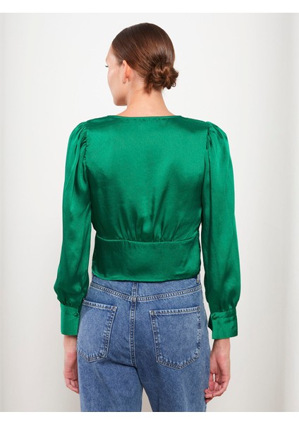 Yeni Sezon V Yaka Düz Uzun Kollu Saten Kadın Bluz fırsatları