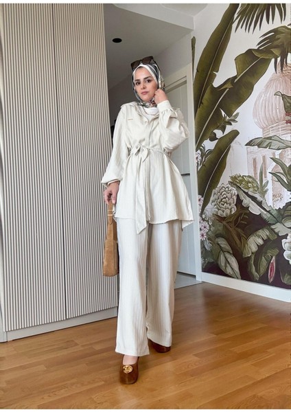 Çizgili Kuşaklı Pantolonlu Gömlek Takım M300 - Bej fiyatları