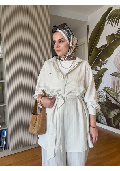 Çizgili Kuşaklı Pantolonlu Gömlek Takım M300 - Bej modelleri