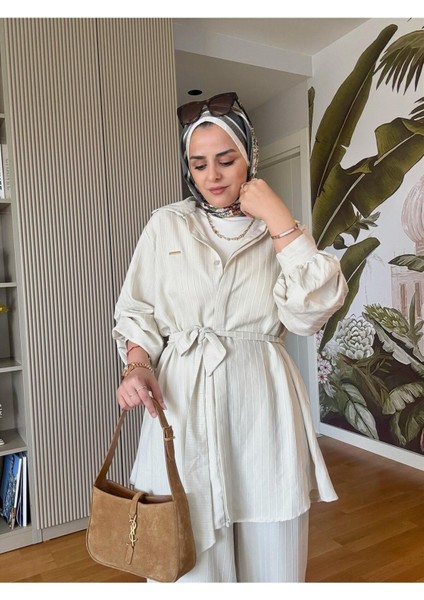Çizgili Kuşaklı Pantolonlu Gömlek Takım M300 - Bej fırsatları