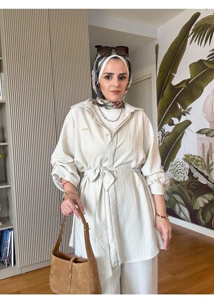 Çizgili Kuşaklı Pantolonlu Gömlek Takım M300 - Bej