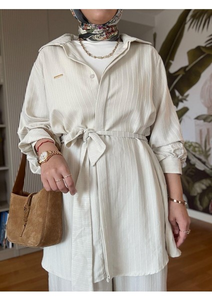 Çizgili Kuşaklı Pantolonlu Gömlek Takım M300 - Bej