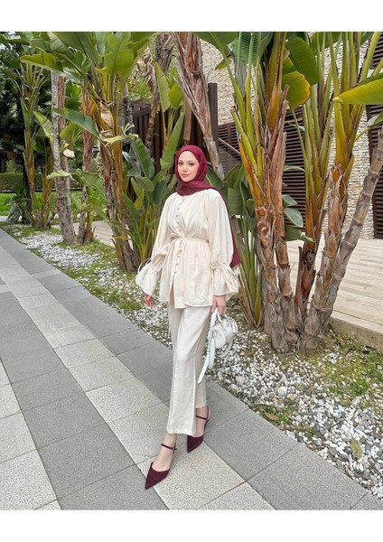 Kadın Birit Düğmeli Koldan Büzgülü Pantolon Takım M41284 - Taş