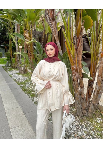 Kadın Birit Düğmeli Koldan Büzgülü Pantolon Takım M41284 - Taş fiyatları