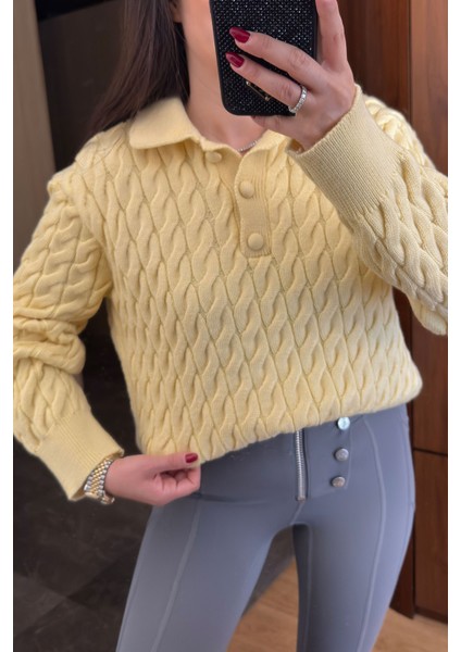 Saç Örgülü Yeni Sezon Düğmeli Triko Kazak- Sarı modelleri