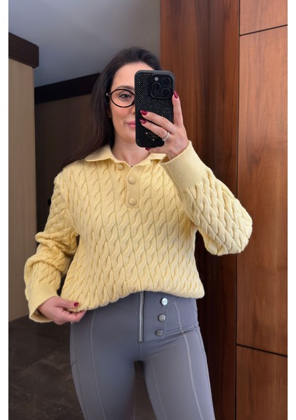 Saç Örgülü Yeni Sezon Düğmeli Triko Kazak- Sarı fırsatları