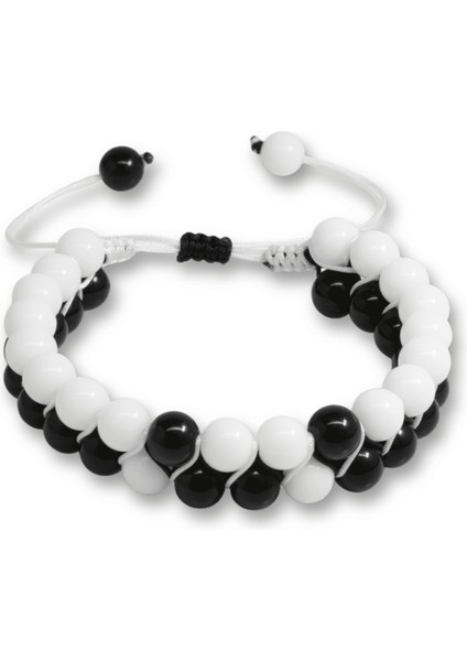Çift Sıra Makrome Örgülü Küre Kesim Siyah Beyaz Jade Oniks Doğaltaş Erkek Taraftar Bileklik