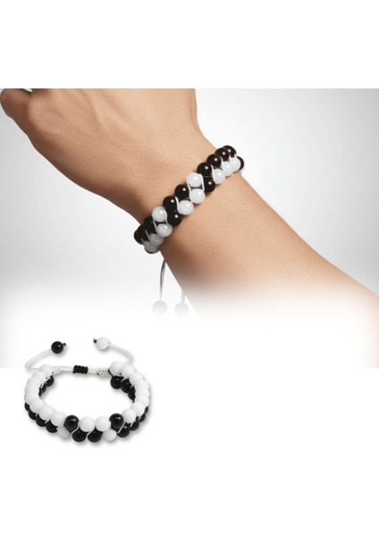 Çift Sıra Makrome Örgülü Küre Kesim Siyah Beyaz Jade Oniks Doğaltaş Erkek Taraftar Bileklik fiyatları