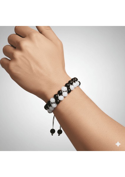 Çift Sıra Makrome Örgülü Küre Kesim Siyah Beyaz Jade Oniks Doğaltaş Erkek Taraftar Bileklik modelleri