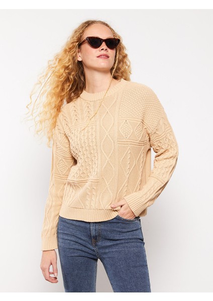 Yeni Sezon Bisiklet Yaka Kendinden Desenli Uzun Kollu Kadın Triko Kazak