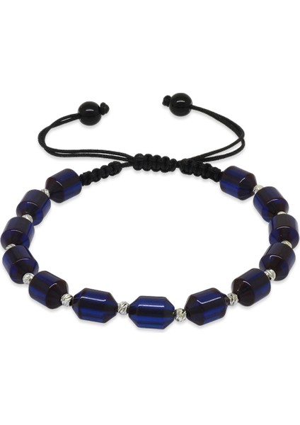 Makrome Örgülü Beyaz Dorika Top Süslemeli Lacivert Sıkma Kehribar Erkek Bileklik