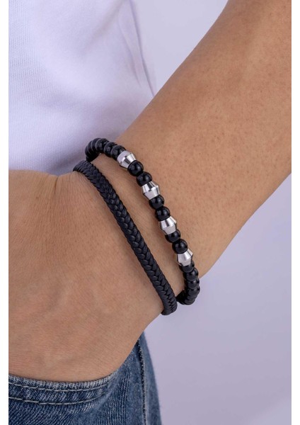 Oniks Hematit Taşlı Örgü Deri Erkek Deri Bileklik