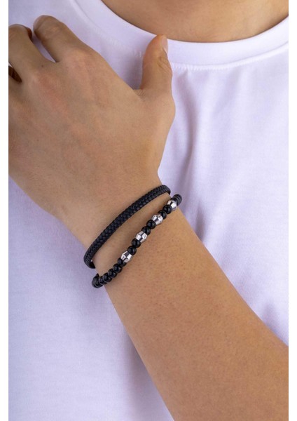 Oniks Hematit Taşlı Örgü Deri Erkek Deri Bileklik fiyatları